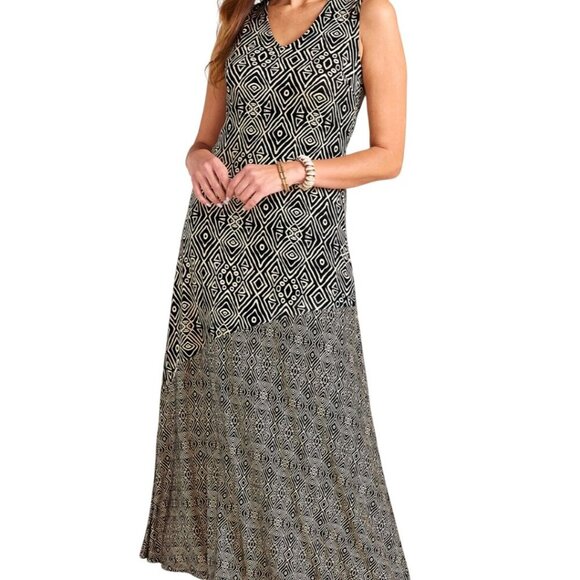 Soft Surroundings Tulum Maxi Dress Assymetric pattern Black Tan Size Mp - Picture 5 of 11